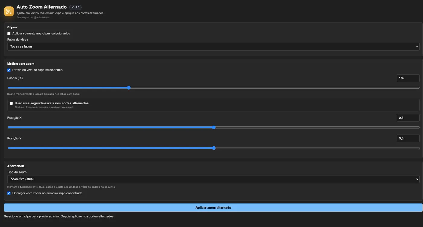 Painel do Auto-Zoom Alternado aberto no Premiere