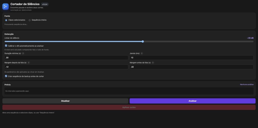 Cortador de Silêncios — interface da extensão para Adobe Premiere Pro