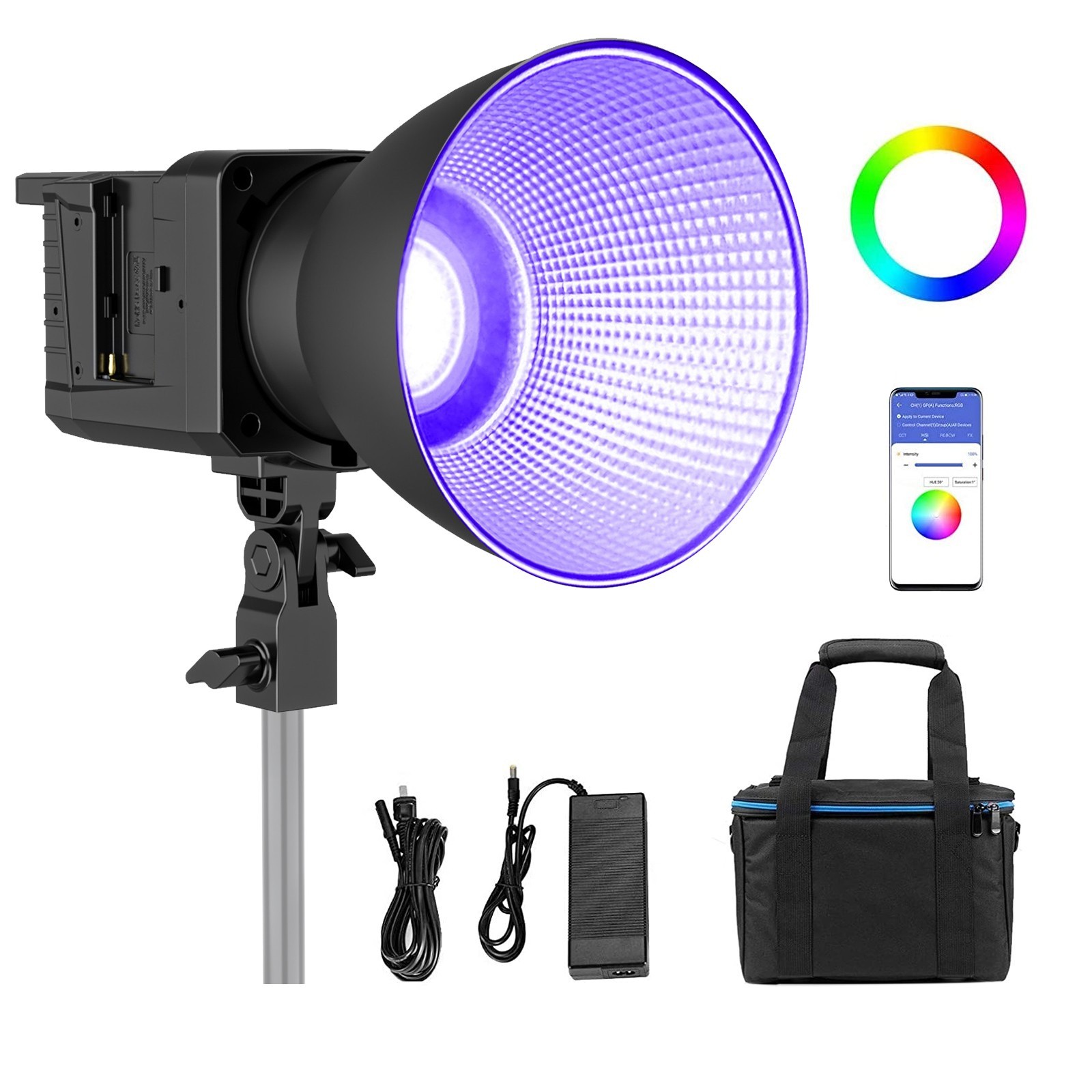 Sokani X100 RGB com refletor, acessórios e bolsa